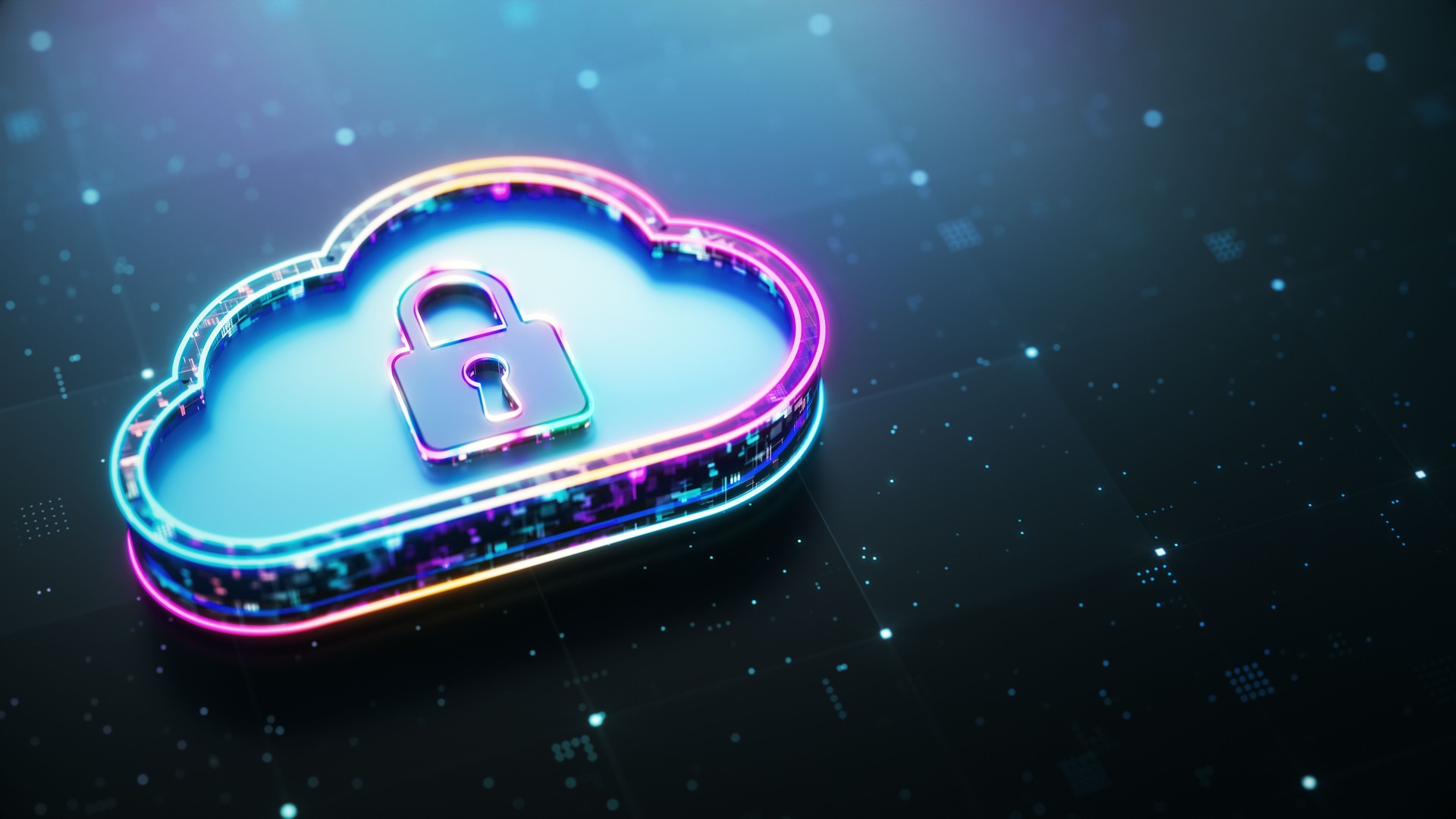 Cloud Computing Concept. Digital Cloud and lock icon on modern futuristic technology background. 3d Rendering.