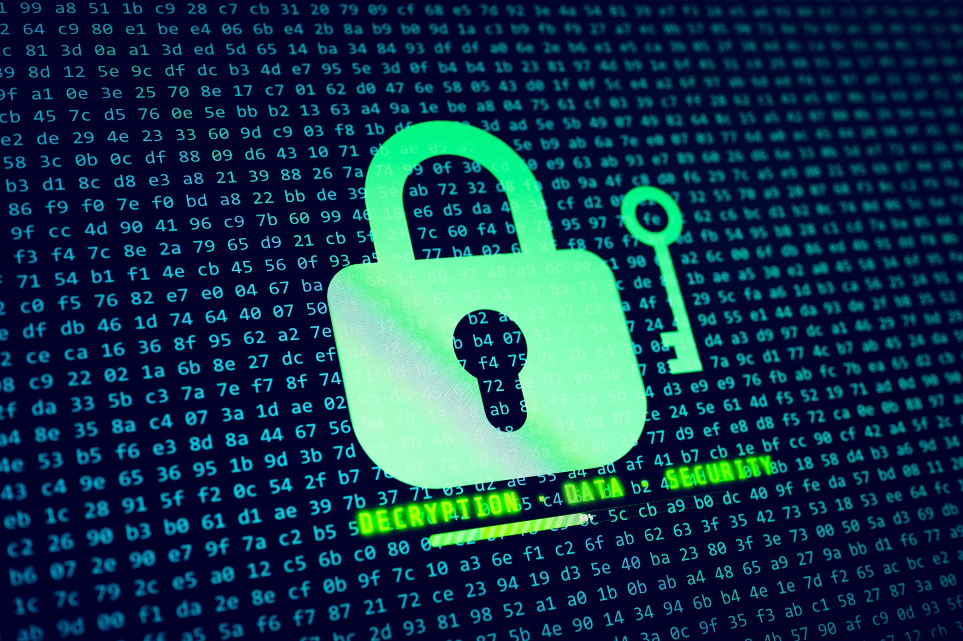 Green padlock icon over a screen of hexadecimal code, with glowing text Encryption Data Security, symbolizing deep data encryption, cybersecurity, and advanced digital protection system.