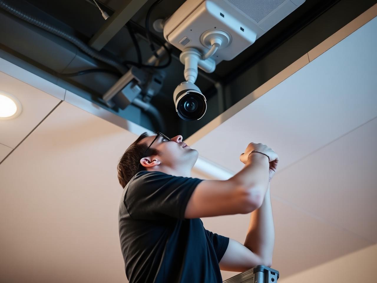 UDT Security technician installing a surveillance camera on a commercial ceiling