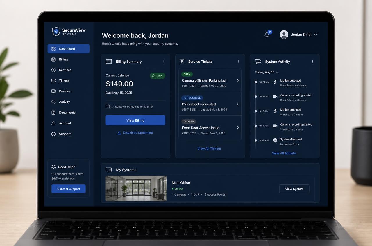Customer portal dashboard showing billing summary, open service tickets and recent system activity