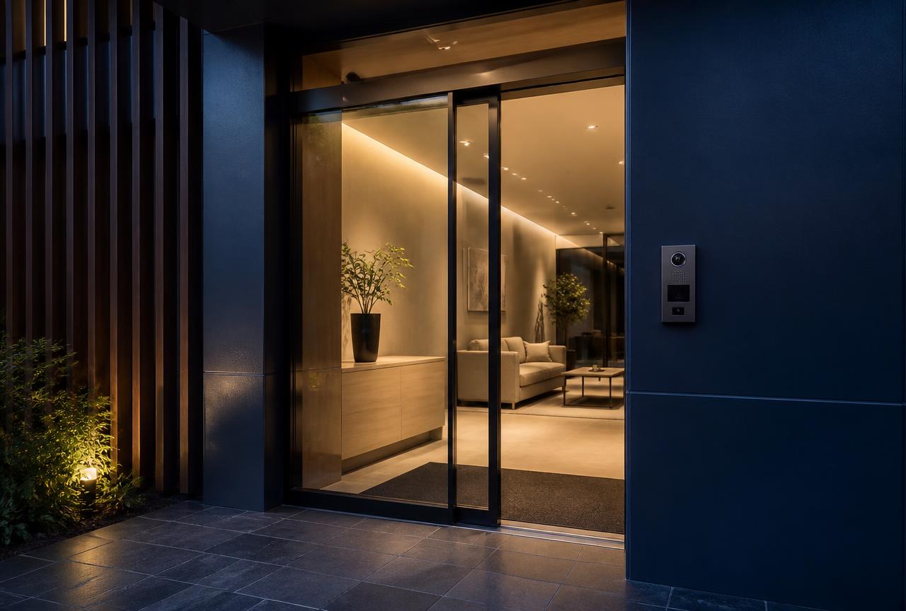 Modern apartment lobby entrance with electronic locks and a video intercom panel