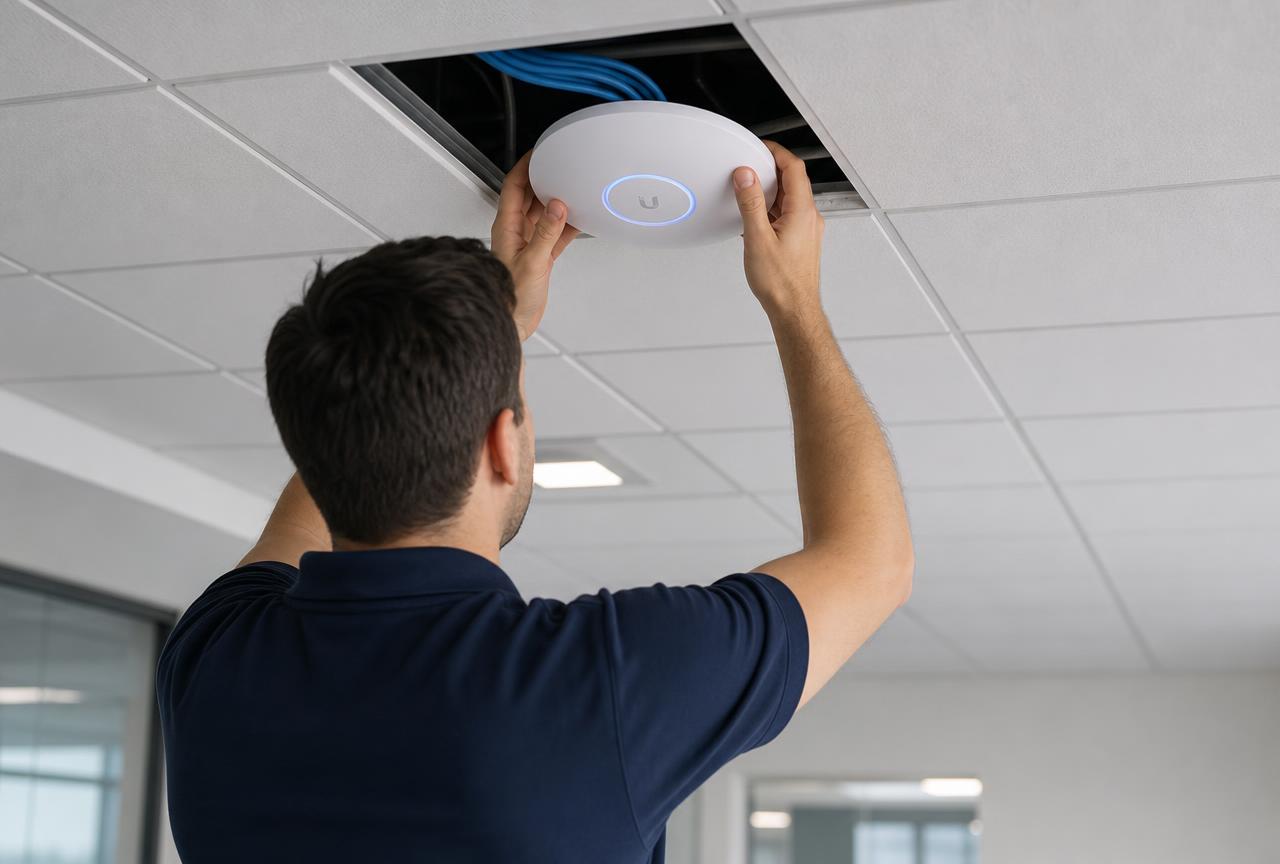 Technician installing a ceiling access point in a modern Philadelphia office
