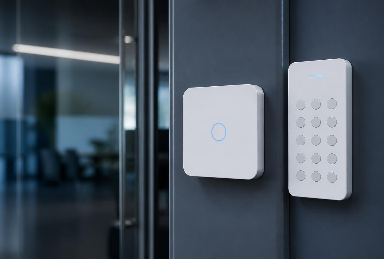 Keycard access control reader beside a modern glass office door