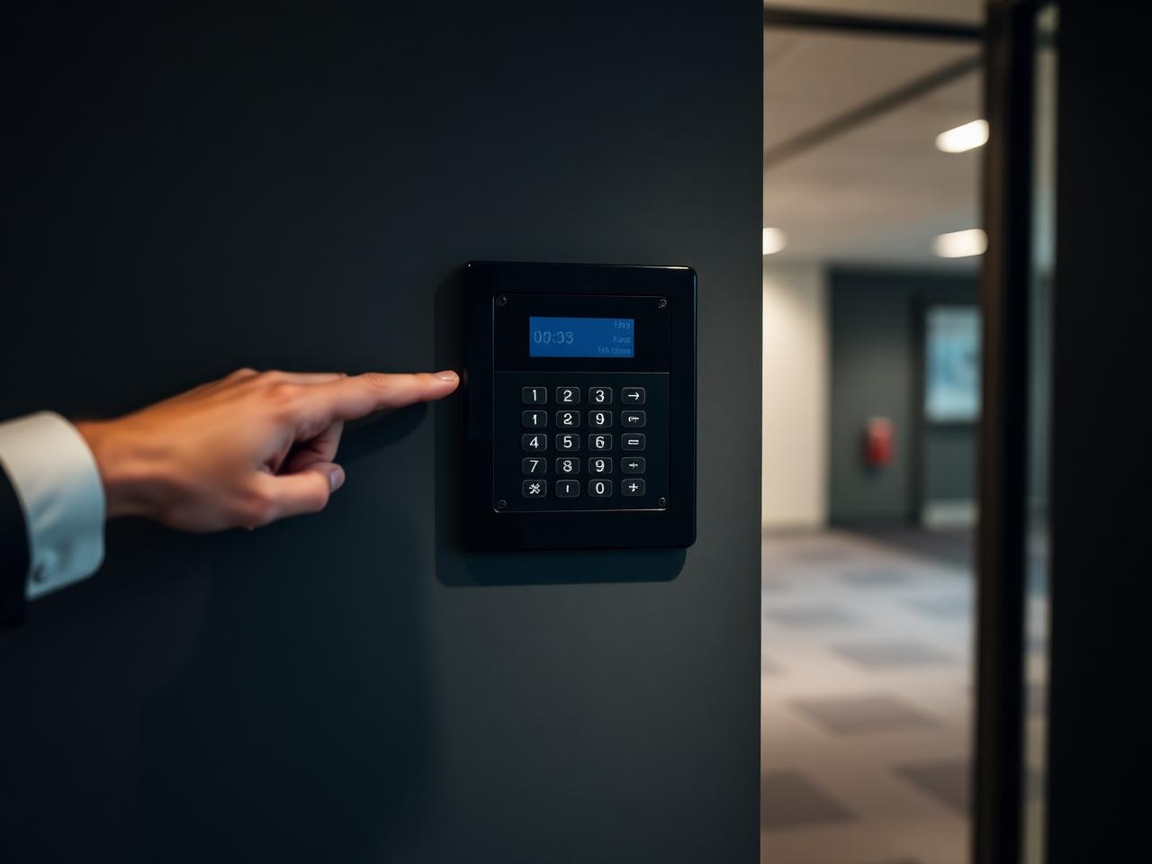 Modern alarm keypad mounted at a business entrance