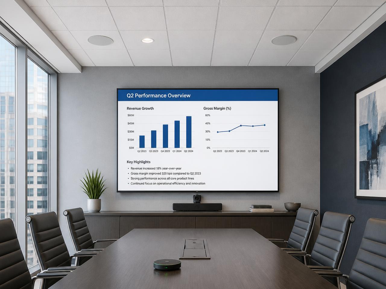 Flush ceiling speakers and a conference room display showing a business presentation slide