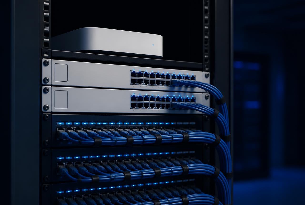 Neatly dressed network rack with blue ethernet patch cables